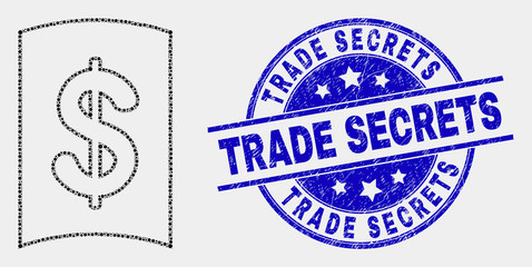 Pixel currency handbook mosaic icon and Trade Secrets seal stamp. Blue vector round scratched seal stamp with Trade Secrets title. Vector composition in flat style.
