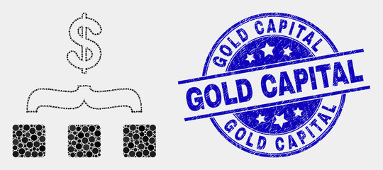 Pixel dollar aggregation mosaic pictogram and Gold Capital seal stamp. Blue vector rounded scratched seal stamp with Gold Capital phrase. Vector combination in flat style.