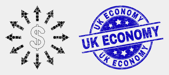 Dotted dollar emission mosaic icon and Uk Economy seal stamp. Blue vector rounded distress seal stamp with Uk Economy phrase. Vector collage in flat style.