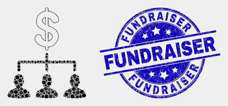 Dotted dollar clients structure mosaic icon and Fundraiser seal stamp. Blue vector rounded textured seal stamp with Fundraiser message. Vector composition in flat style.