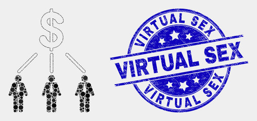 Pixel dollar managers links mosaic pictogram and Virtual Sex seal stamp. Blue vector round textured seal stamp with Virtual Sex caption. Vector collage in flat style.