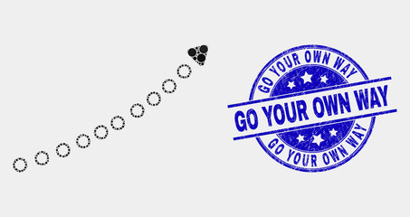 Pixelated dotted up trend arrow mosaic icon and Go Your Own Way seal stamp. Blue vector round distress seal with Go Your Own Way title. Vector combination in flat style.