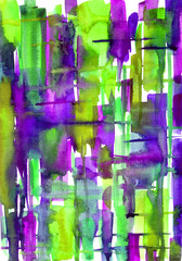 Watercolor abstract picture of stripes and stains in violet and green tones, checkered graphic composition, pictorial, painterly abstraction.