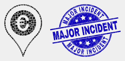 Obraz premium Pixelated euro map marker mosaic icon and Major Incident seal. Blue vector round grunge seal stamp with Major Incident caption. Vector collage in flat style.