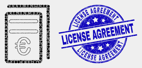 Pixel euro price pages mosaic icon and License Agreement seal. Blue vector rounded scratched stamp with License Agreement message. Vector composition in flat style.