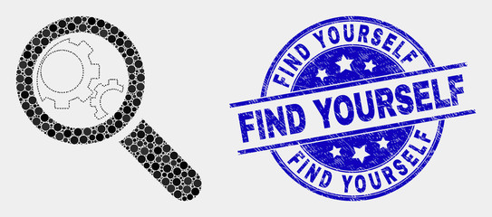 Pixelated explore gears mosaic icon and Find Yourself watermark. Blue vector rounded scratched watermark with Find Yourself title. Vector combination in flat style.