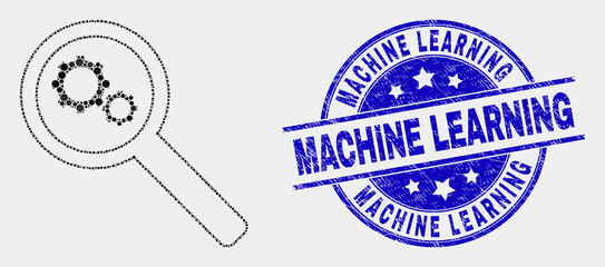 Pixelated explore gears mosaic pictogram and Machine Learning seal stamp. Blue vector round grunge stamp with Machine Learning caption. Vector composition in flat style.