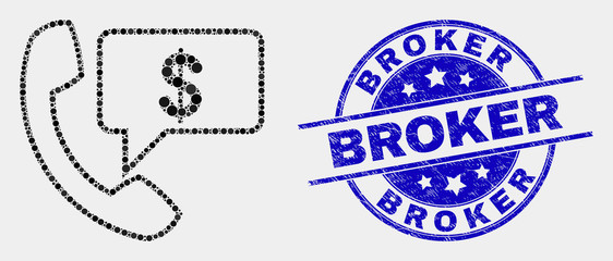 Obraz premium Dotted financial phone message mosaic icon and Broker seal. Blue vector round textured seal stamp with Broker title. Vector collage in flat style.