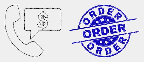 Pixelated financial phone message mosaic pictogram and Order seal. Blue vector round textured seal stamp with Order title. Vector composition in flat style.