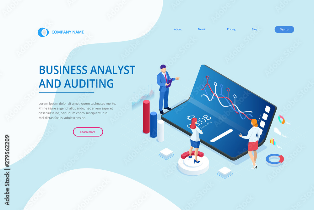 Poster landing page with isometric business and finance analysts, analyzing key performance indicators, bus