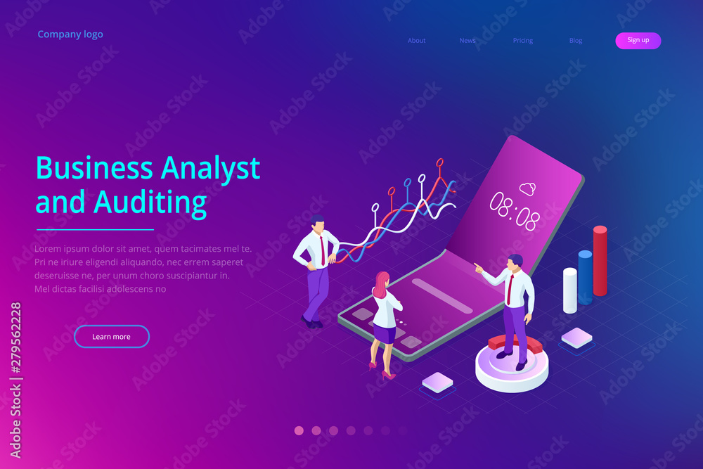 Poster landing page with isometric business and finance analysts, analyzing key performance indicators, bus
