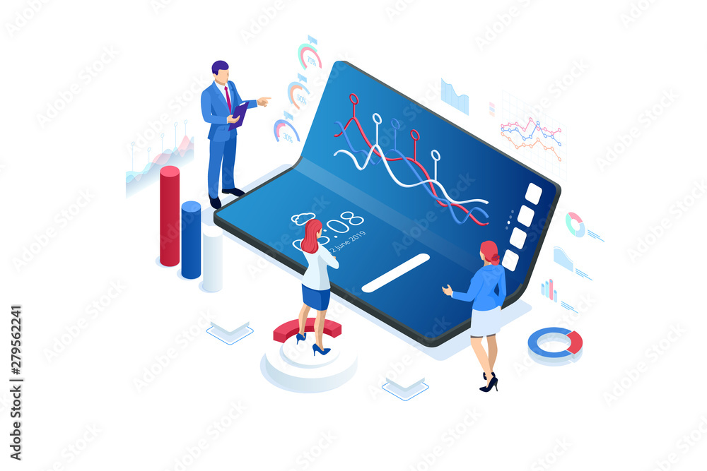 Poster isometric business and finance analysts, analyzing key performance indicators, business data analyst