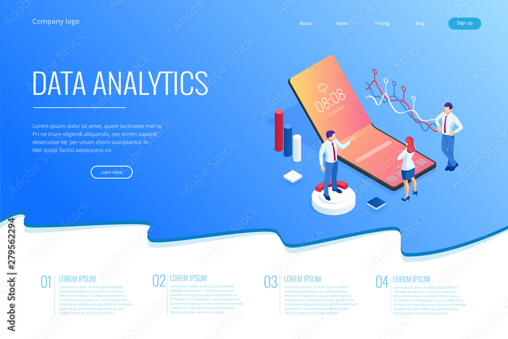 Poster landing page with isometric business and finance analysts, analyzing key performance indicators, bus