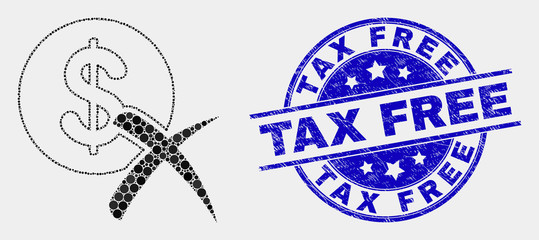 Dotted forbidden dollar mosaic icon and Tax Free seal stamp. Blue vector round grunge seal stamp with Tax Free message. Vector collage in flat style.