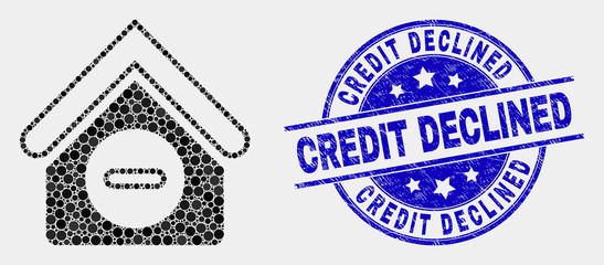 Obraz premium Pixelated forbidden house mosaic icon and Credit Declined seal. Blue vector rounded textured seal stamp with Credit Declined text. Vector collage in flat style.