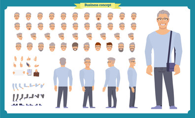 Front, side, back view animated character set with various views, hairstyles, face emotions, poses and gestures. man in casual clothes.Cartoon style, flat vector.People character