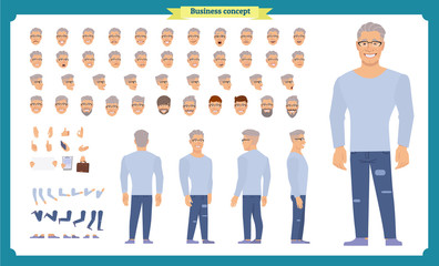 Front, side, back view animated character set with various views, hairstyles, face emotions, poses and gestures. man in casual clothes.Cartoon style, flat vector.People character
