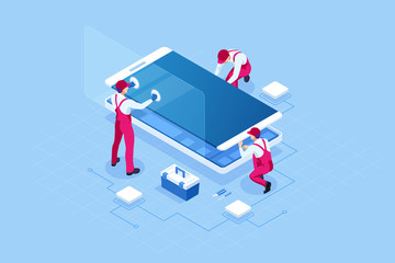 Isometric smartphone repair service concept. Electronics repair service. Same day phone repair landing page website template.