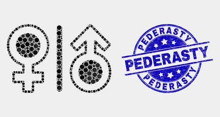 Dotted gender symbols mosaic icon and Pederasty seal stamp. Blue vector rounded grunge seal with Pederasty message. Vector combination in flat style.