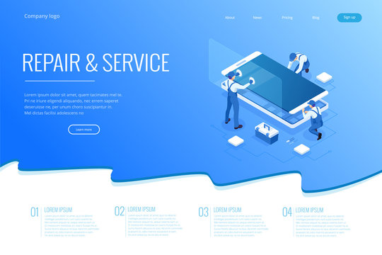 Isometric smartphone repair service concept. Electronics repair service. Same day phone repair landing page website template.