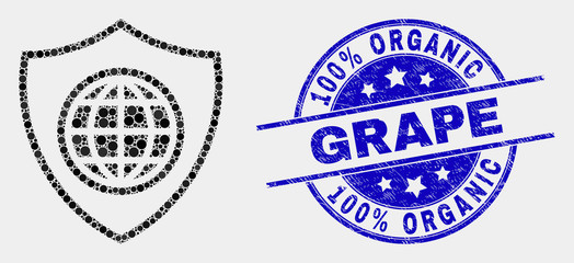 Pixelated global shield mosaic icon and 100% Organic Grape seal stamp. Blue vector round textured seal stamp with 100% Organic Grape text. Vector composition in flat style.