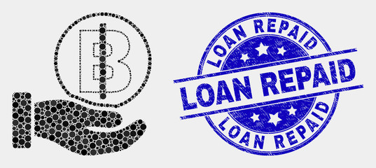 Pixel hand offer bitcoin mosaic icon and Loan Repaid seal stamp. Blue vector round distress seal stamp with Loan Repaid title. Vector collage in flat style.