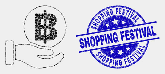 Dotted hand offer bitcoin mosaic pictogram and Shopping Festival seal stamp. Blue vector round distress seal stamp with Shopping Festival title. Vector combination in flat style.