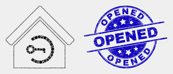 Pixel home keyhole mosaic pictogram and Opened seal stamp. Blue vector rounded grunge stamp with Opened text. Vector collage in flat style. Black isolated home keyhole mosaic of random circles,