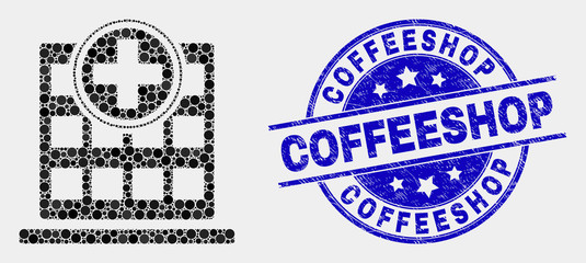 Dotted hospital building mosaic pictogram and Coffeeshop watermark. Blue vector round scratched seal stamp with Coffeeshop title. Vector combination in flat style.