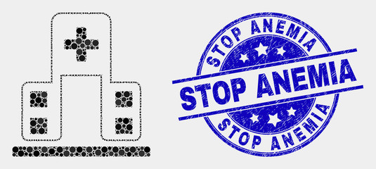 Pixel hospital building mosaic icon and Stop Anemia seal stamp. Blue vector round textured seal stamp with Stop Anemia message. Vector composition in flat style.