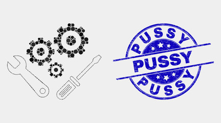 Pixel instrumental tools mosaic pictogram and Pussy seal. Blue vector round textured seal with Pussy phrase. Vector composition in flat style. Black isolated instrumental tools mosaic of random dots,