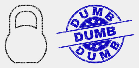 Dotted iron pound mosaic icon and Dumb seal. Blue vector round scratched seal stamp with Dumb message. Vector collage in flat style. Black isolated iron pound mosaic of random circles,