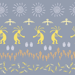 Mythical, design with lizard, Kokopelli fertility deity, sun, eagle, cacti.
