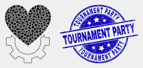 Fototapeta premium Pixelated love gear mosaic icon and Tournament Party seal stamp. Blue vector rounded scratched seal stamp with Tournament Party text. Vector combination in flat style.