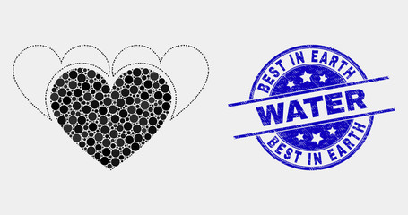 Pixel love hearts mosaic pictogram and Best in Earth Water stamp. Blue vector rounded grunge seal stamp with Best in Earth Water caption. Vector combination in flat style.