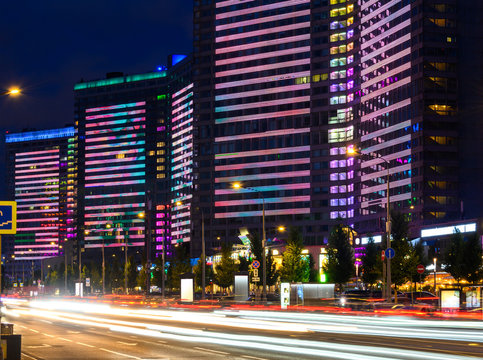 New Arbat street in Moscow, Russia at night, popular landmark.