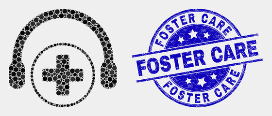Obraz premium Pixel medical assistance headphones mosaic pictogram and Foster Care seal stamp. Blue vector round distress seal stamp with Foster Care message. Vector combination in flat style.