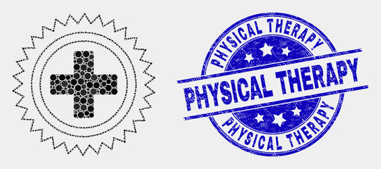 Obraz premium Pixelated medical cross mosaic pictogram and Physical Therapy seal stamp. Blue vector round textured seal stamp with Physical Therapy text. Vector combination in flat style.