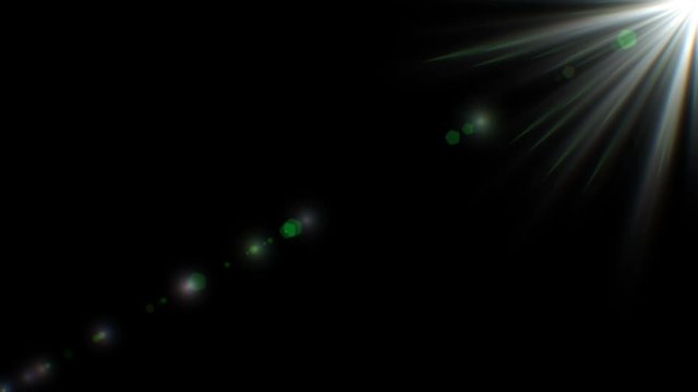 Optical lens flares transition shiny animation. Optical lens flare effect. Lens flare light over black background.