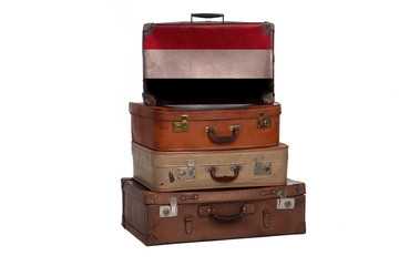 Yemen, Yemeni travel concept. Group of vintage suitcases isolated on white background.