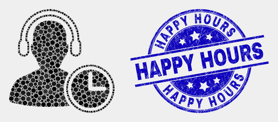 Obraz premium Pixelated operator time mosaic pictogram and Happy Hours stamp. Blue vector rounded grunge stamp with Happy Hours message. Vector combination in flat style.
