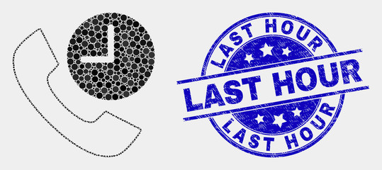 Pixelated phone call time mosaic icon and Last Hour stamp. Blue vector round textured seal stamp with Last Hour text. Vector composition in flat style.