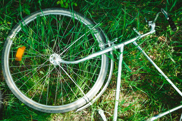 Top down view bicycle in the grass