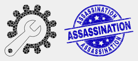 Dot repair tools mosaic icon and Assassination watermark. Blue vector round scratched seal stamp with Assassination message. Vector composition in flat style.