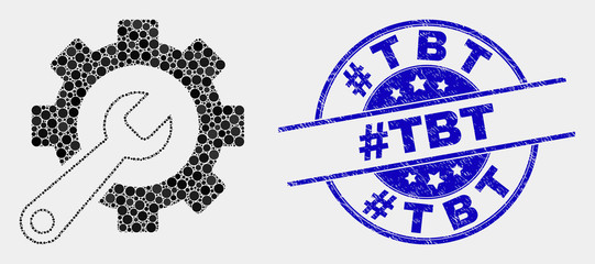 Dotted service tools mosaic icon and #Tbt stamp. Blue vector rounded distress seal stamp with #Tbt message. Vector combination in flat style. Black isolated service tools mosaic of random dots,