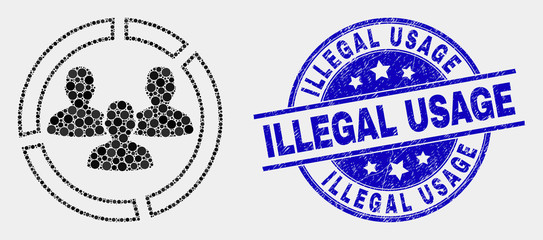 Pixelated social pie chart mosaic pictogram and Illegal Usage seal stamp. Blue vector round scratched seal with Illegal Usage caption. Vector combination in flat style.