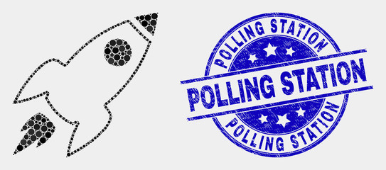 Naklejka premium Dotted space rocket mosaic icon and Polling Station seal stamp. Blue vector rounded scratched seal stamp with Polling Station text. Vector collage in flat style.