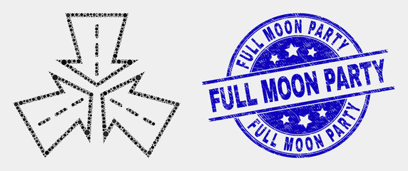 Obraz premium Pixelated triple roads intersection mosaic pictogram and Full Moon Party seal stamp. Blue vector round grunge seal with Full Moon Party text. Vector collage in flat style.