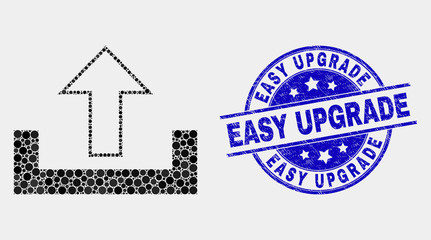 Dot upload mosaic icon and Easy Upgrade seal. Blue vector round distress seal stamp with Easy Upgrade message. Vector collage in flat style. Black isolated upload mosaic of randomized spheres,