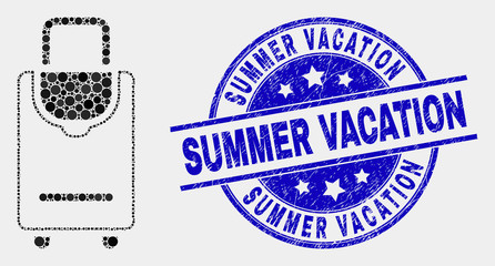 Pixel voyage luggage mosaic pictogram and Summer Vacation seal stamp. Blue vector rounded grunge seal stamp with Summer Vacation text. Vector collage in flat style.